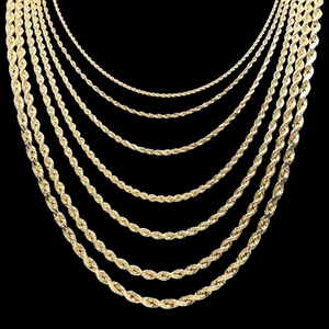 10K-14K Solid Yellow Gold Hollow Diamond Cut Rope Chain