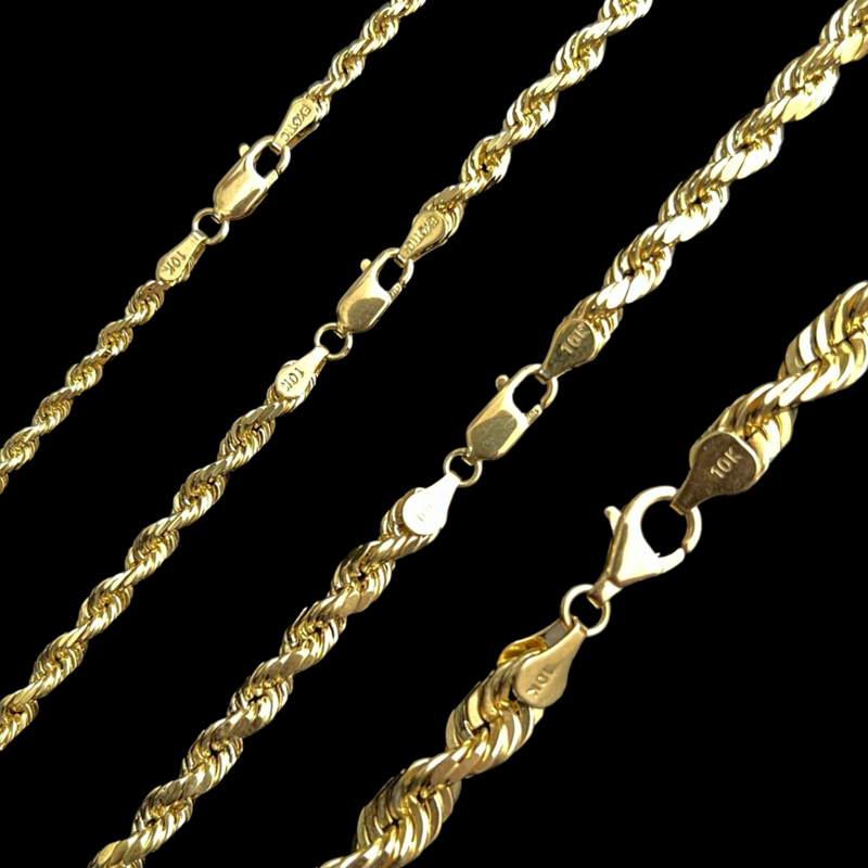 10K-14K Solid Yellow Gold Hollow Diamond Cut Rope Chain